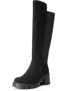 DREAM PAIRS Women's Black-Sue Knee High Platform Chunky Boots Round Toe Side Zip